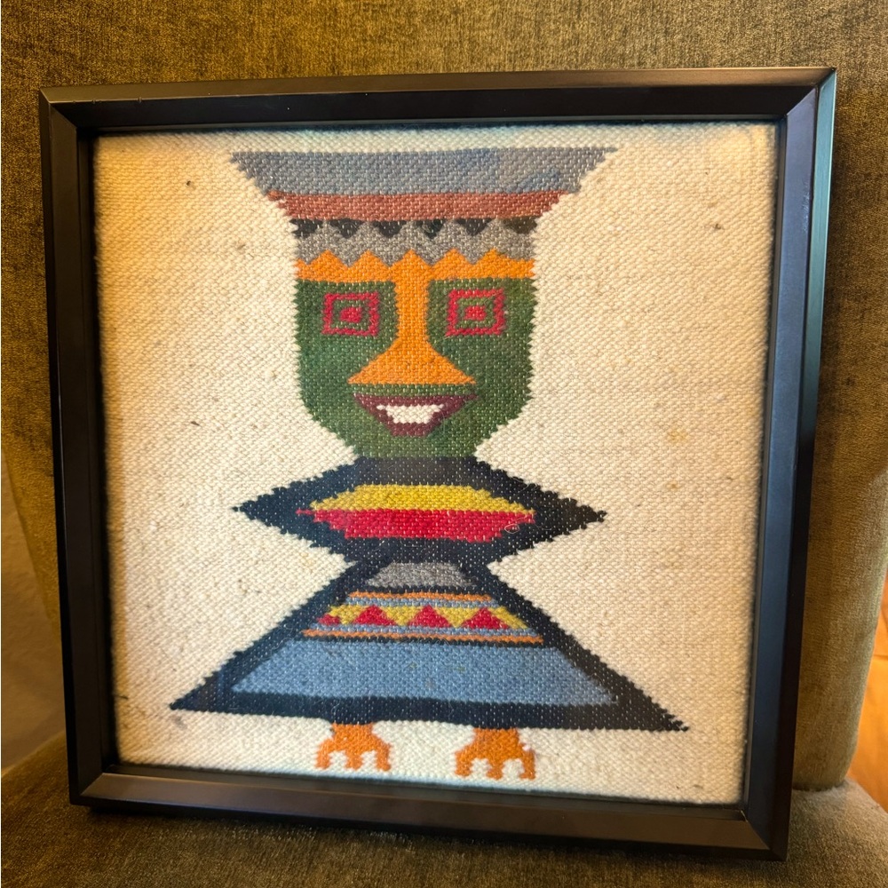 Vintage Beautiful Aztec Hand Woven Wool, Framed Tapestry,Kilim 13x13x2
